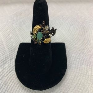 Ladies sterling 925 jade ring - gold plated leaves